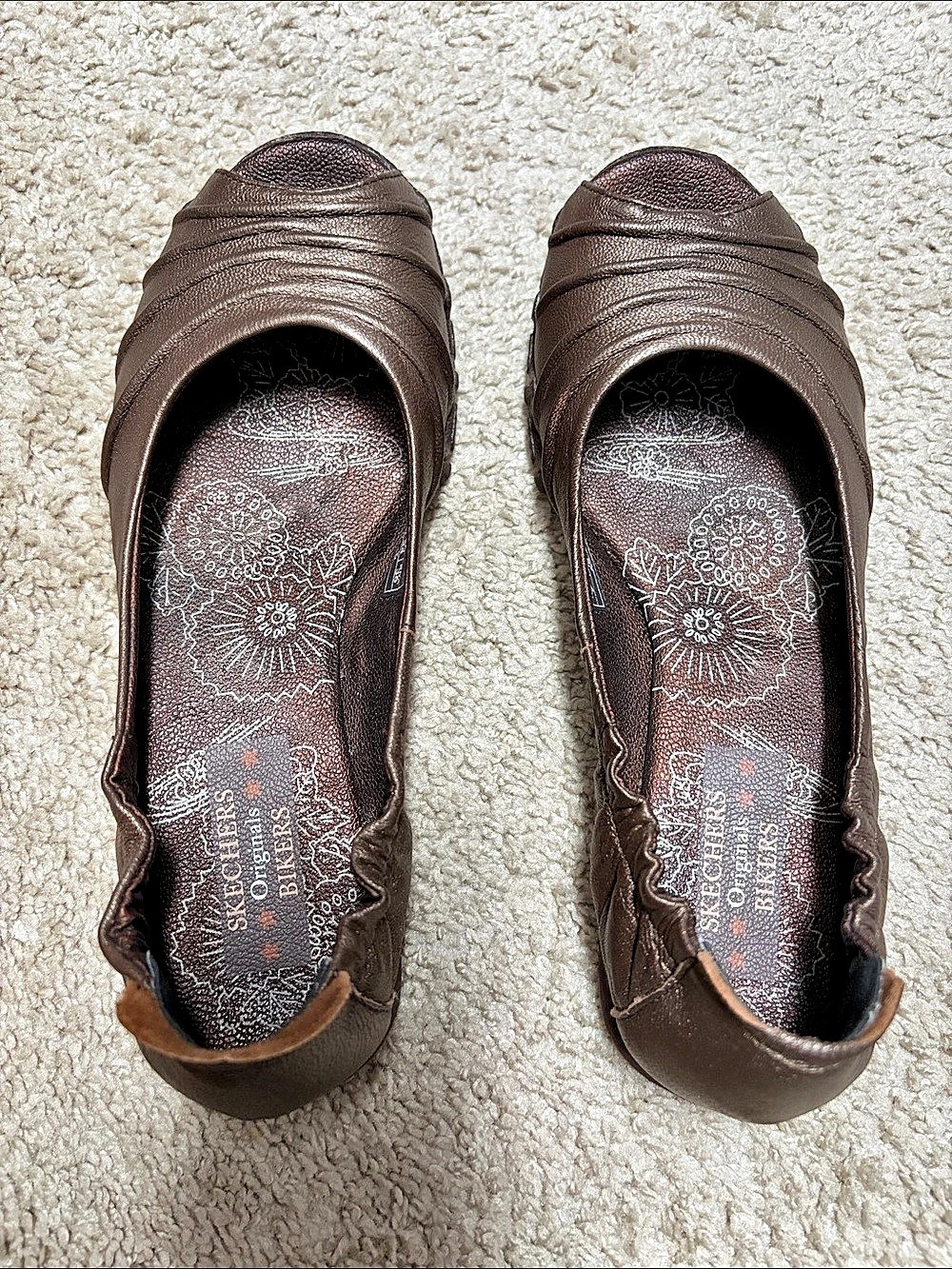 Skechers Originals Bikers Bronze Leather Peep-Toe Flats Brown Casual Flats